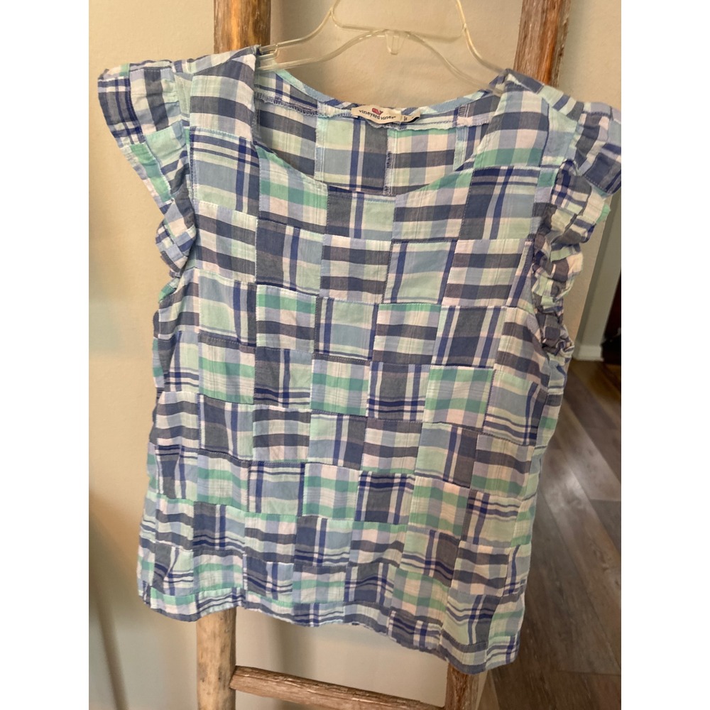 Vineyard Vines patchwork plaid ruffle blouse in b… - image 8
